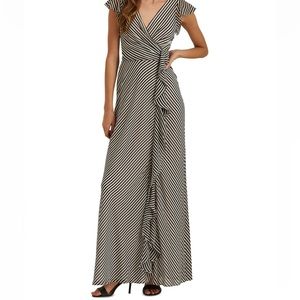 Lauren Ralph Lauren Stripe V-Neck Ruffle trim gown